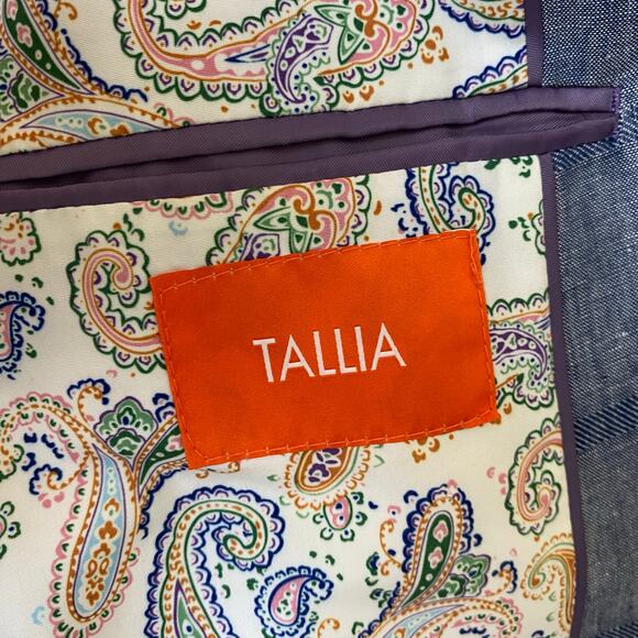 Tallia Men Linen Blend Windowpane Plaid Blazer Sport Coat 38R Blue Pocket Square - Picture 9 of 14